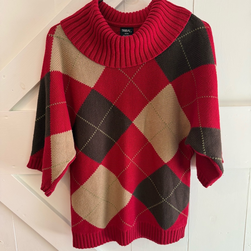Tribal Red, Brown & Tan Argyle Cowl Neck Sweater